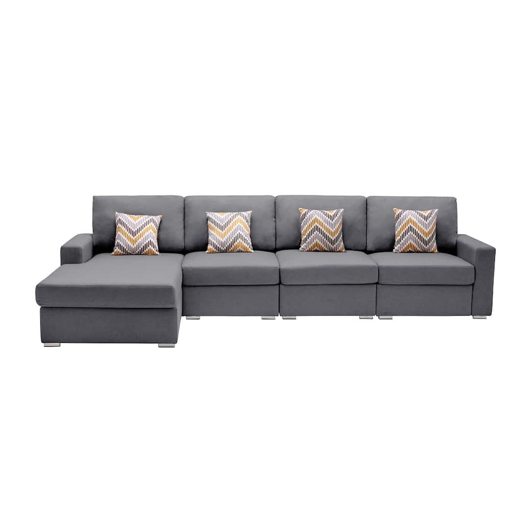 Linen Fabric 4 Piece Reversible Sectional Sofa Chaise with Pillows and Interchangeable Legs in Grey