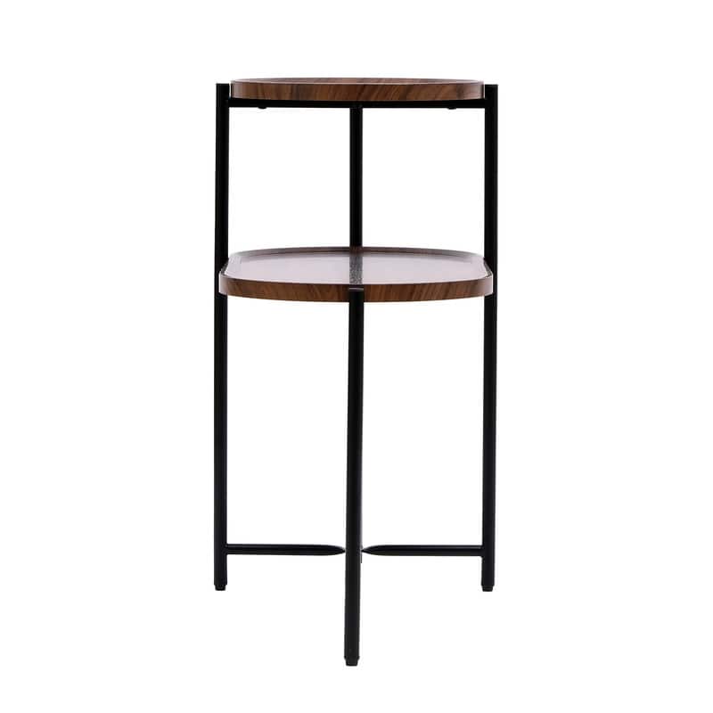 Round Coffee Table with Storage Tray 2 Tier Oval End Tables Wooden Small Side Table for Living Room