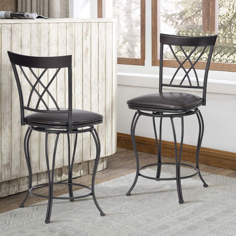 Set of 2 Black Swivel Counter Stools with Faux Leather Cushion and Steel Frame for Dining Room