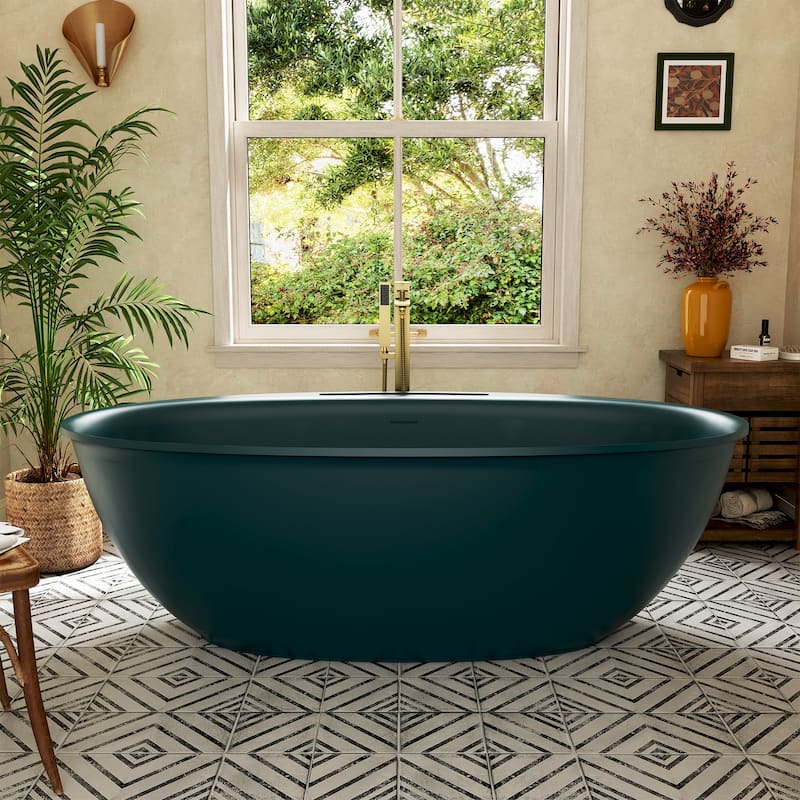Luxury Flatbottom Solid Surface Freestanding Soaking Bathtub with Discreet Towel Slot and Drain Assembly