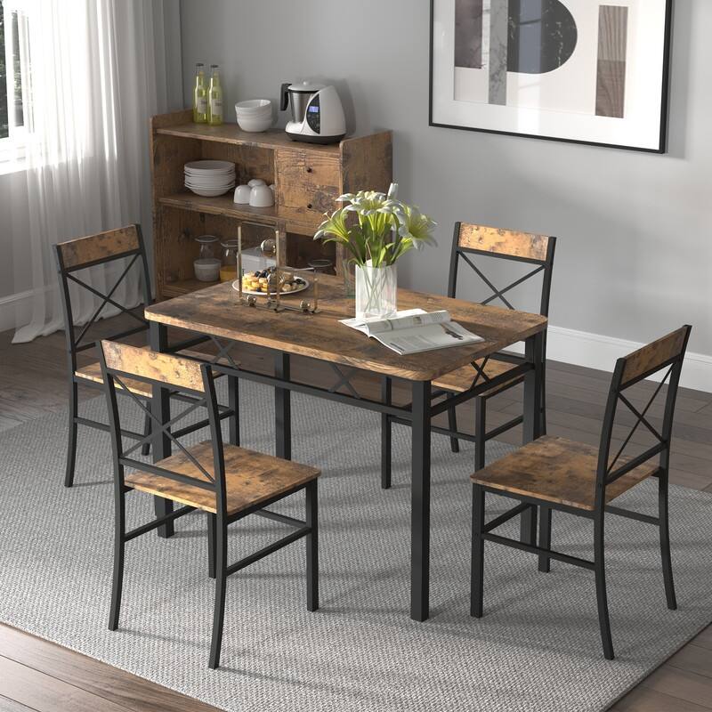 Kitchen Table Set for 4, Dining Table and Chairs, Rectangular Dining Room Table Set with 4 Metal and Wood Chairs