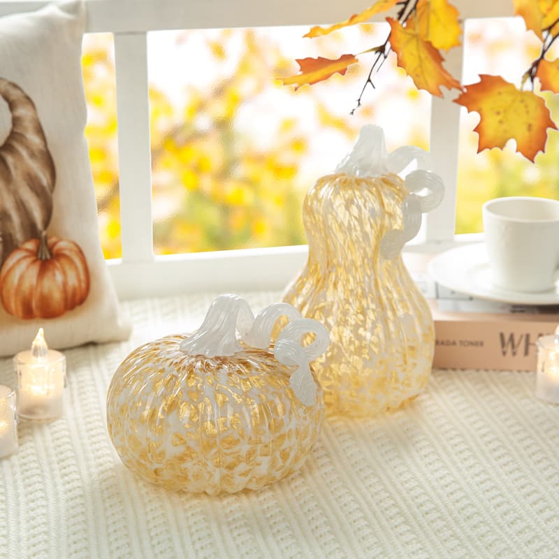 Glitzhome Fall Harvest Amber Dots Glass Pumpkin Thanksgiving Decorating