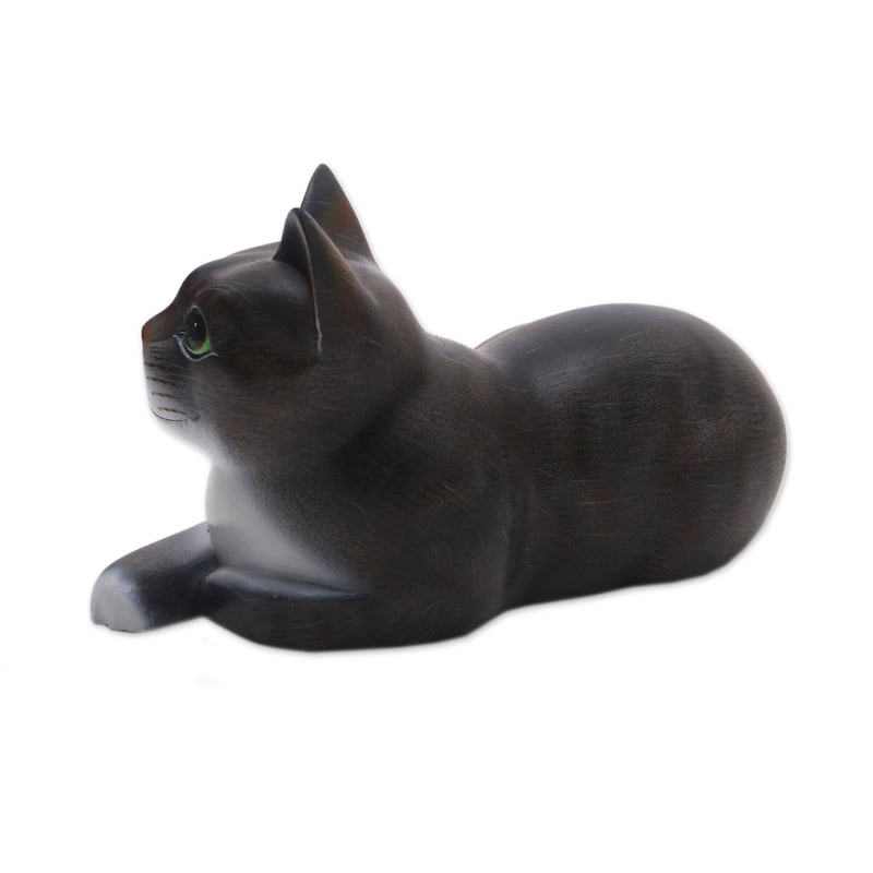 Novica Handmade Lying Cat In Grey Wood Sculpture