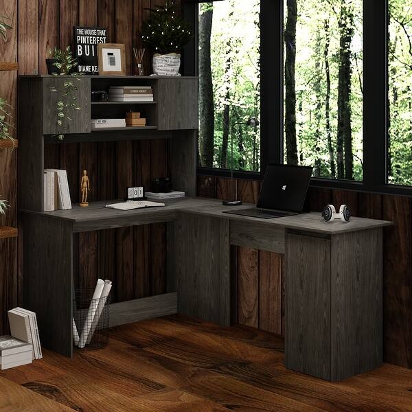 Spacious LShape Desk and Bookshelf Combo Wood Grain Home Office Desk