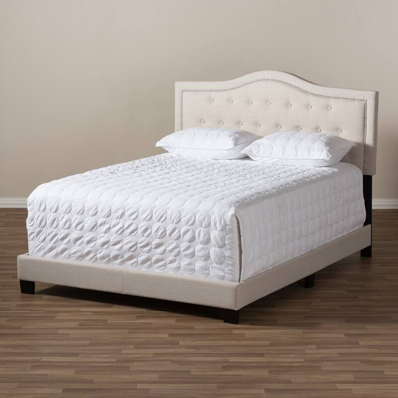 Farmhouse Queen Bed - Beige Upholstered Bed with Button Tufted Headboard & Low Footboard
