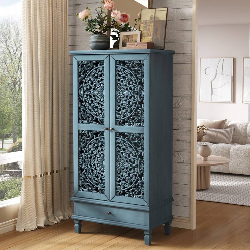 Carved Accent Cabinet Kitchen Pantry Cabinet with Doors, 55" Tall Storage Cabinet with Solid Wood Legs