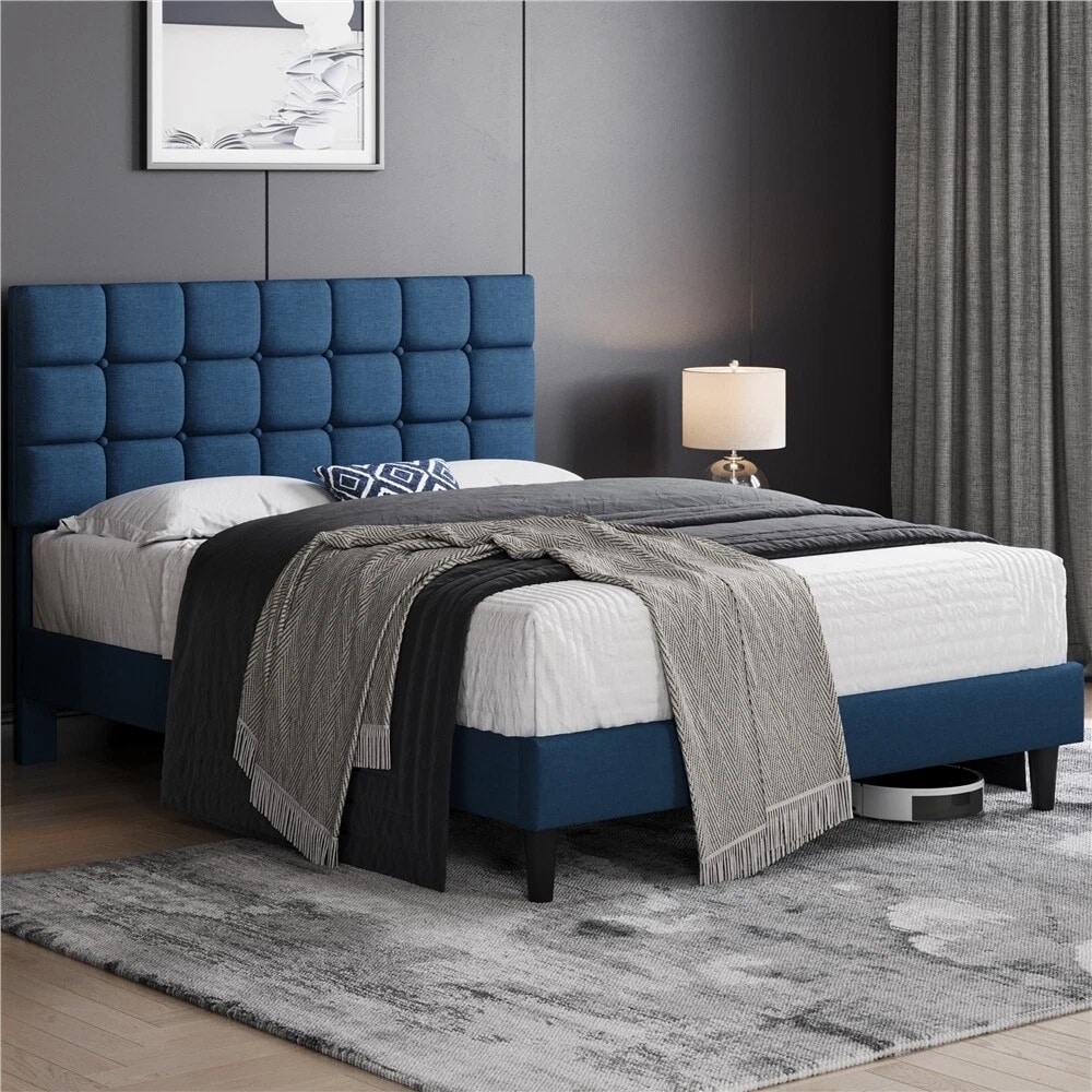 Queen Upholstered Bed Frame Modern Platform Tufted Headboard Navy Blue