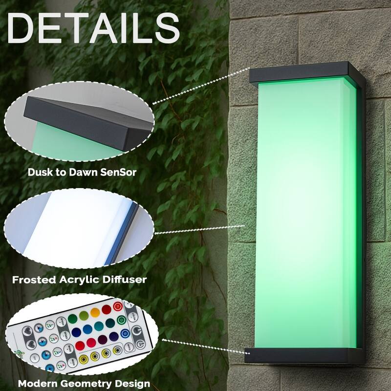 Smart RGB Outdoor Wall Light Modern Large Integrated LED Wall Sconce with Remote and App Control for Porch - W7''