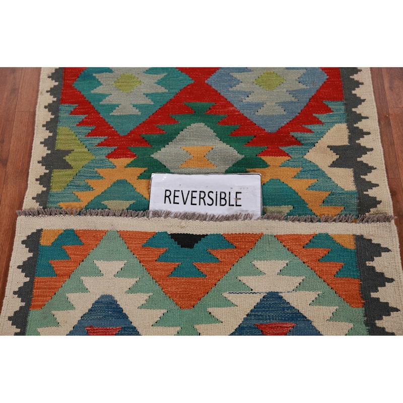 Hand Woven Oriental 100% Wool Carpet Southwestern All-Over Multi-Colored Kilim Runner Rug - 12' 10'' X 2' 9''