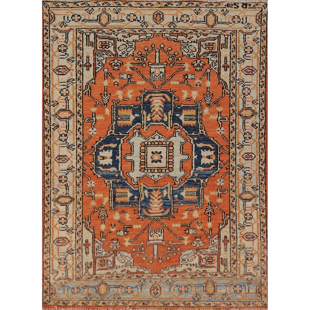 Vegetable Dye Medallion Heriz Serapi Oriental Rug Handmade Wool Carpet - 3'1"x 4'6"