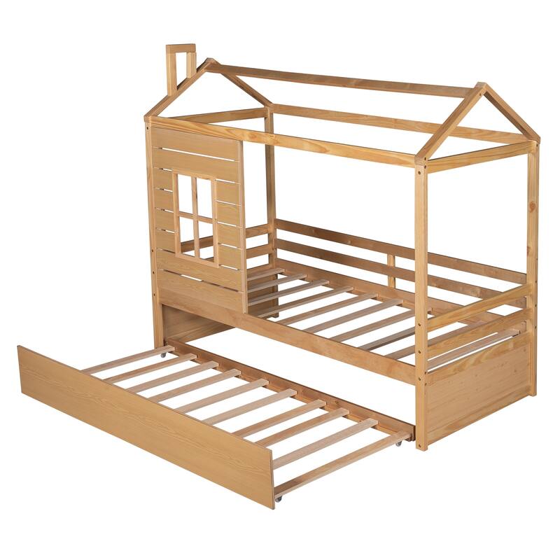 Twin Size House Bed with Trundle and Guardrails for Kids, Space-Saving Design