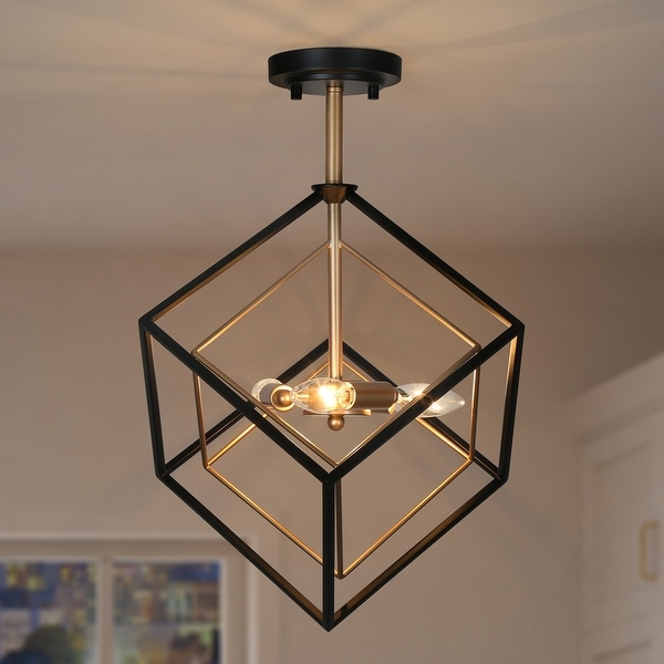 Modern Farmhouse 3-Light Black Gold Lantern Semi-flush Mount Transitional Sputnik Ceiling Lights - Black&Gold - D15" x H 22"
