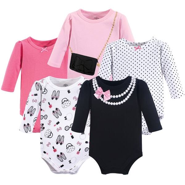 slide 1 of 1, Little Treasure Baby Girl Cotton Long-Sleeve Bodysuits 5pk, Pearls 0-3 Months - Pearls