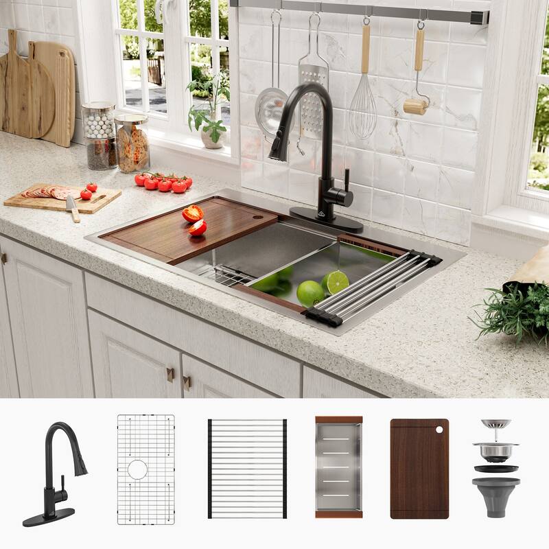 Drop-In Single Bowl Brushed Stainless Steel Workstation Kitchen Sink with Two-Function Pull-Down Kitchen Faucet and Accessories