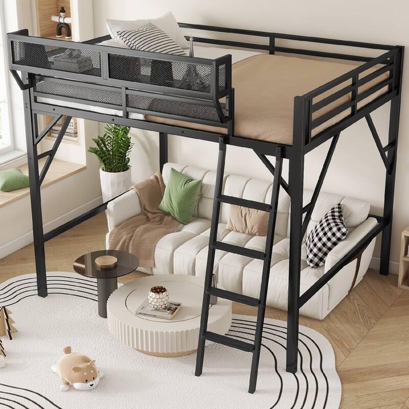 Metal Loft Bed with Storage Shelves and Ladder