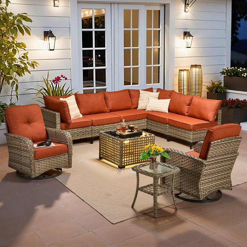 HOOOWOOO 10-piece Outdoor Furniture Wicker Swivel Rocking Chair Set - Red