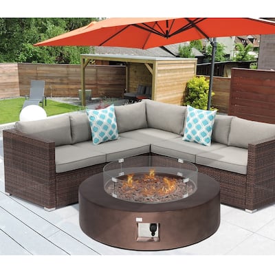 COSIEST 4-Piece Outdoo Wicker Patio Setional Set with Round Concrete Fire Table
