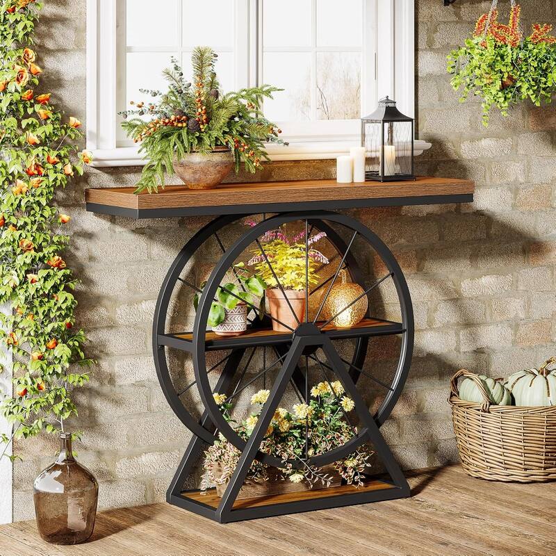 39.4" Industrial 3-Tier Console Table with Fixed Wheel Base for Living Room, Hallway, Foyer, Rustic Brown