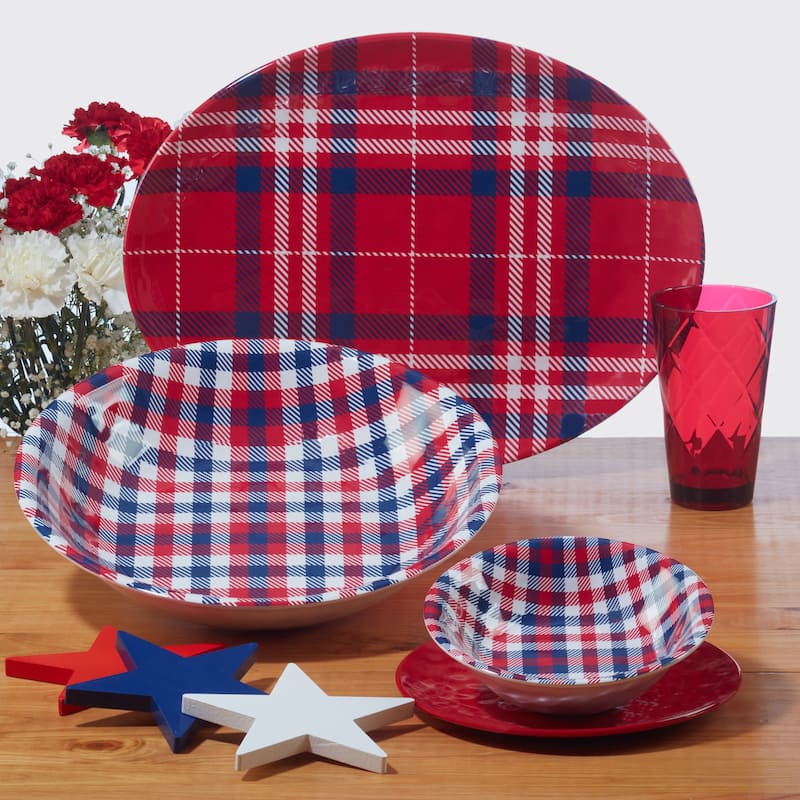 Certified International Patriotic Plaid 12 Piece Melamine Dinnerware Set, Service For 4