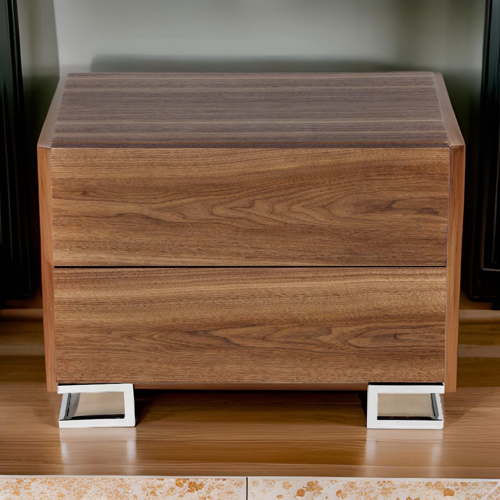 Sam 20 Inch Nightstand, 2 Drawers, Walnut Brown, High Polished Metal Legs