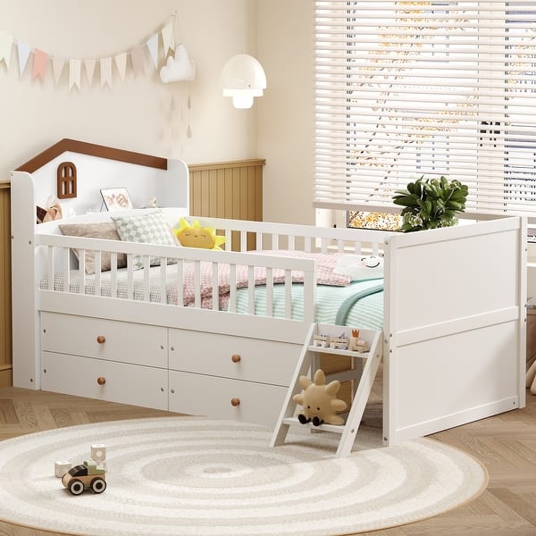 slide 2 of 13, Twin Bed Frame with 4 Storage Drawers, Guardrail, Headboard, Ladder, and No Box Spring Needed, White White - Twin