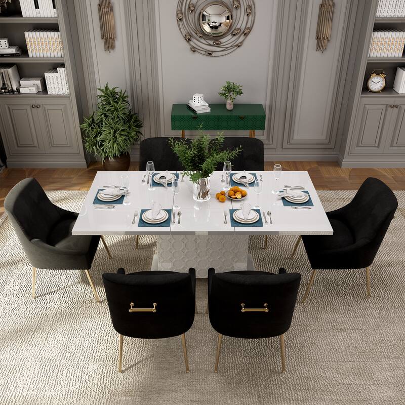 7-Piece Clihome High-gloss Extendable Table Velvet Chair Dining Set