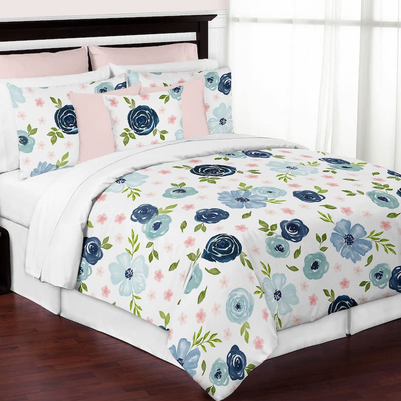 Navy Blue and Pink Watercolor Floral Girl 3pc Full/Queen Comforter Set - Blush Green White Shabby Chic Flower