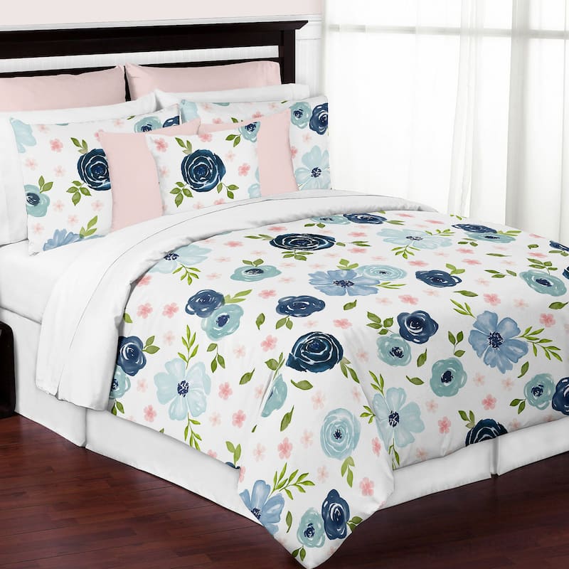 Navy Blue and Pink Watercolor Floral Girl 3pc Full/Queen Comforter Set ...