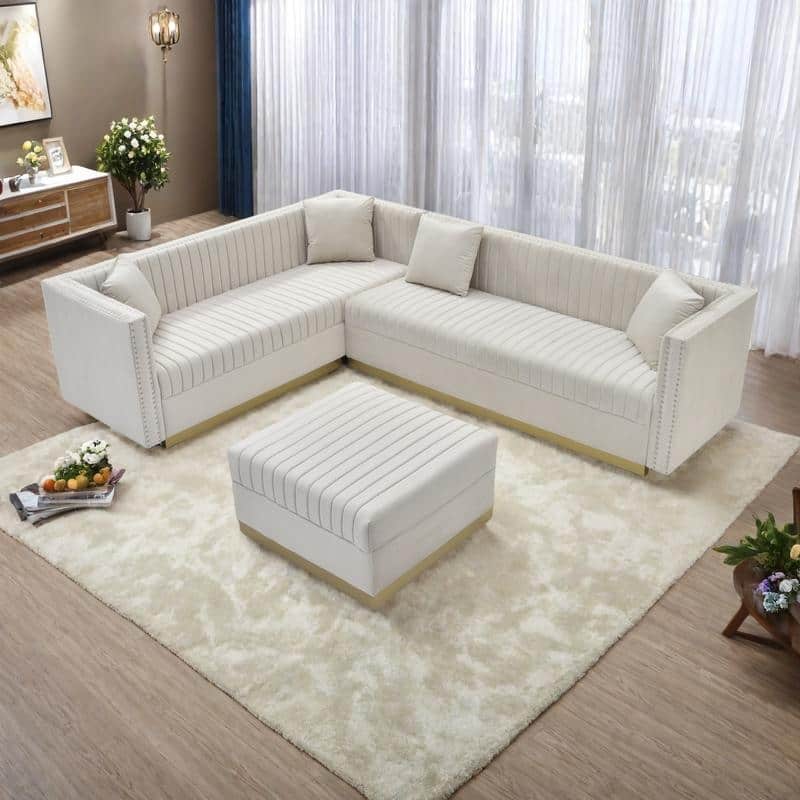 Velvet L-Shaped Sectional Sofa with Ottoman and 4 Pillows