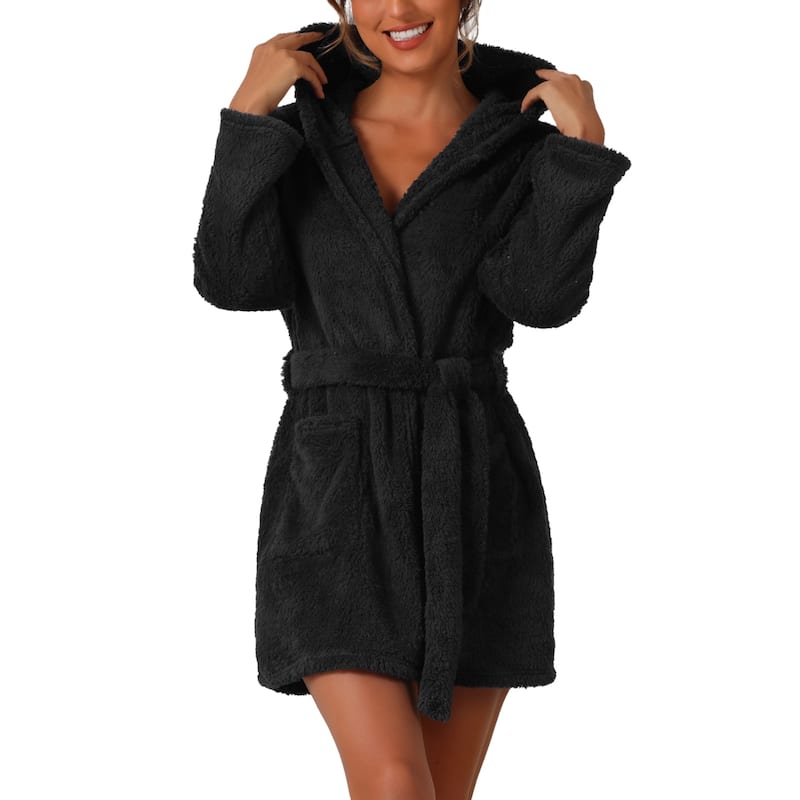 Womens Fuzzy Robe Belted Hooded Fleece Plush Bath Robe Winter Spa Robes with Pockets Mini Bathrobe
