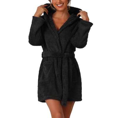Womens Fuzzy Robe Belted Hooded Fleece Plush Bath Robe Winter Spa Robes with Pockets Mini Bathrobe