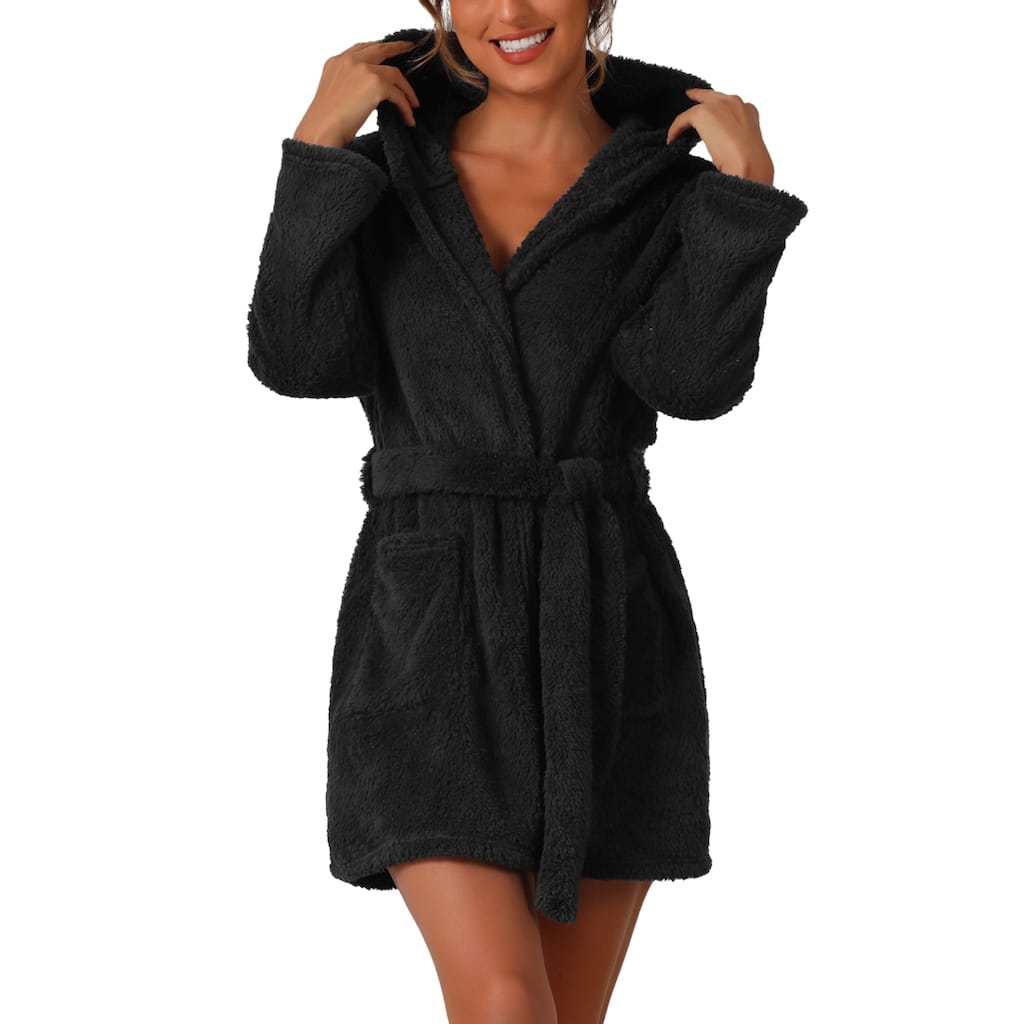 Womens Fuzzy Robe Belted Hooded Fleece Plush Bath Robe Winter Spa Robes with Pockets Mini Bathrobe