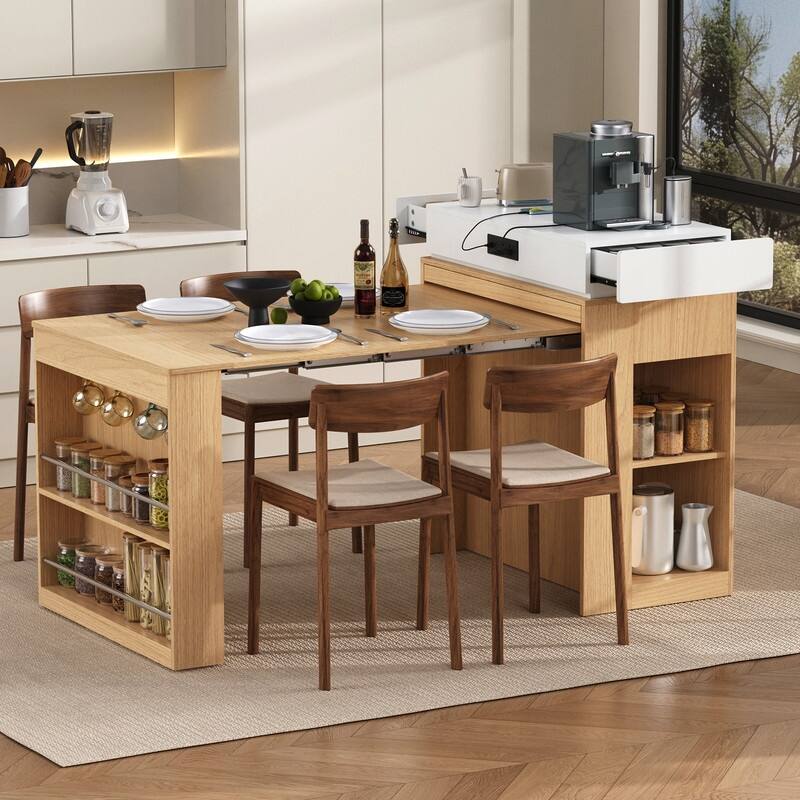 57.7" Kitchen Island with Extendable Top on Wheels, Kitchen Dining Table, Bar Table with Drawers and Power Outlet