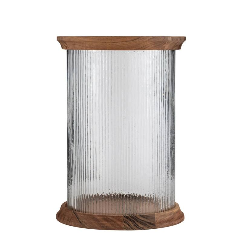 Fluted Glass Candle Lantern with Acacia Wood Base - 15"