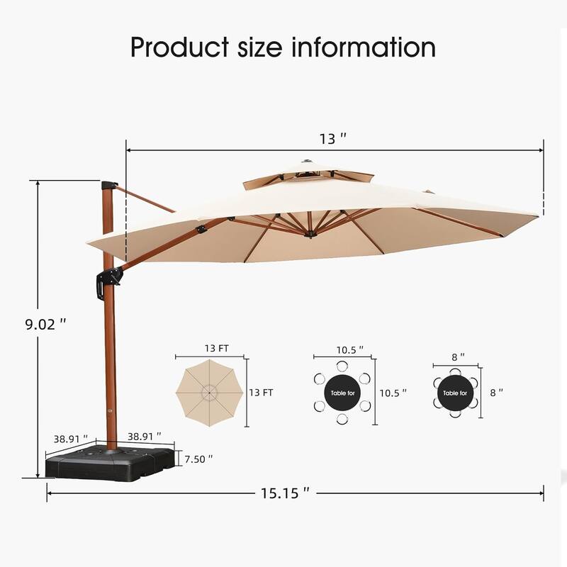 PURPLE LEAF 13ft Round Wood Pattern Patio Cantilever Umbrella with Base