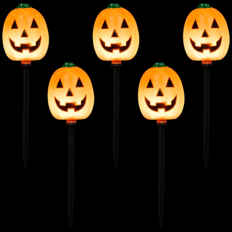 5 Jack-O-Lantern Shaped Halloween Pathway Markers - 3.75ft Black Wire