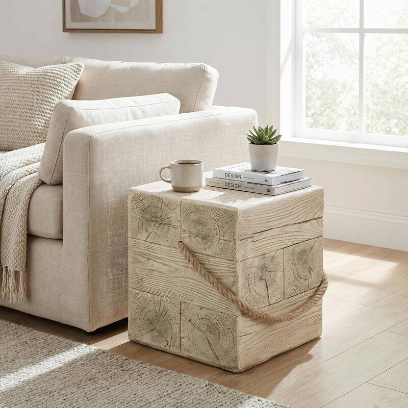 Christopher Knight Home - 14.76'' Rustic Square MGO Side Table with Decorative Braided Cord, Wood Look Finish