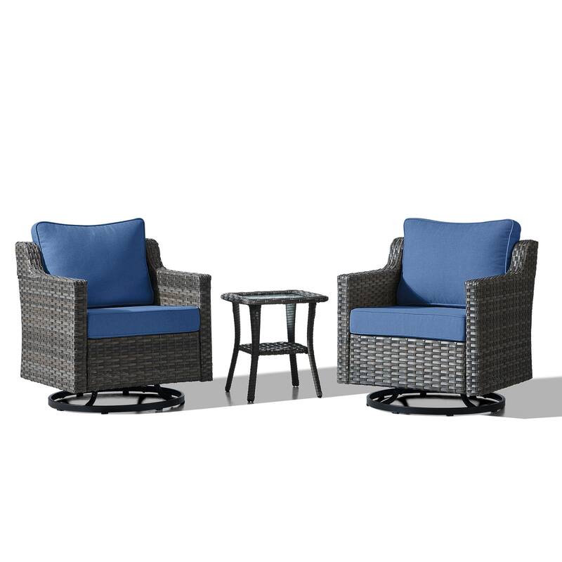 Meyreso 3-Piece Gray Wicker Outdoor Swivel Glider Chair Set with Side Table