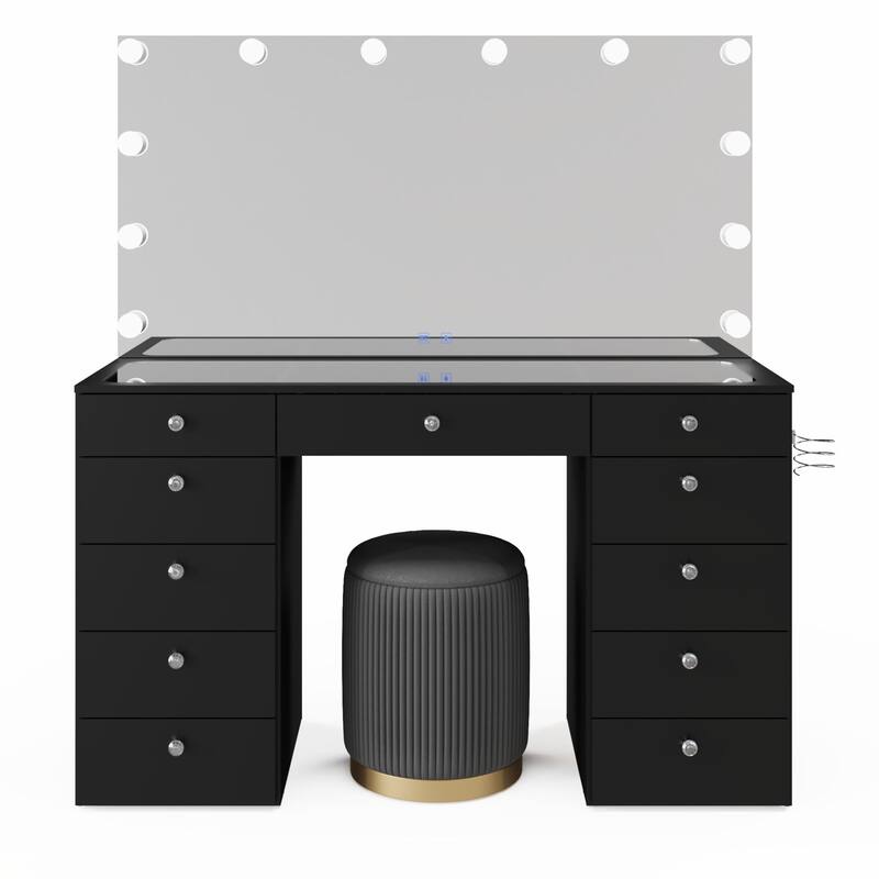Boahaus Elle Makeup Vanity with Bluetooth Speaker, 12 Lights, and 11 Drawers