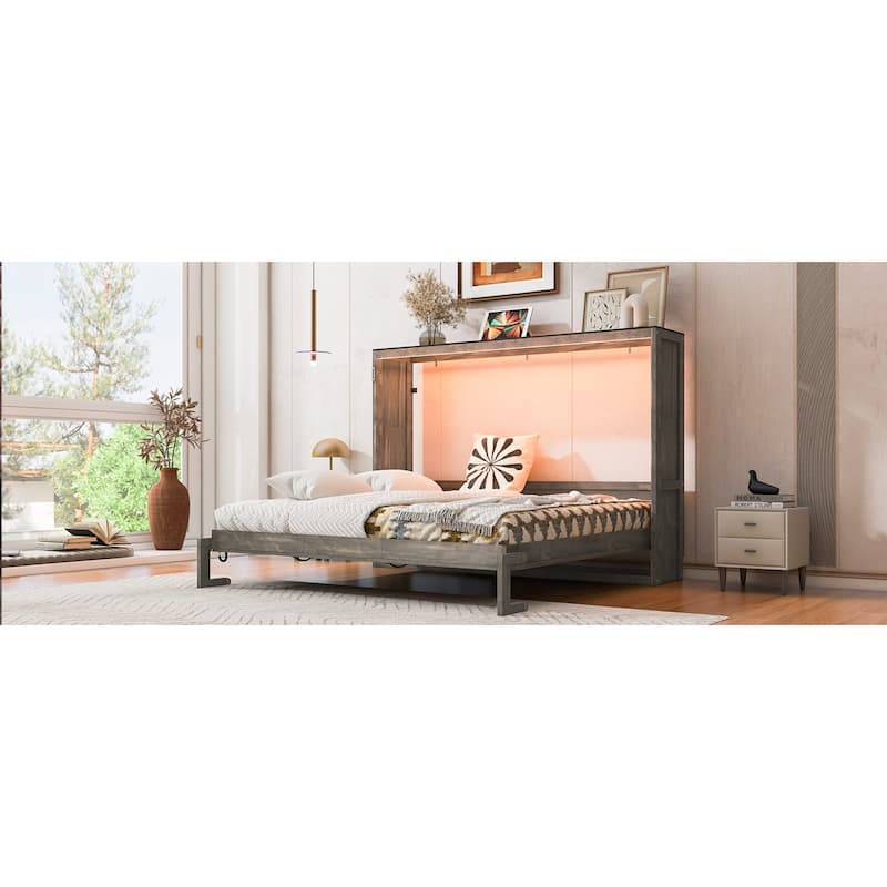 Roomfitters Full/Queen Size Murphy Bed with Desk, LED Light and Hydraulic Lift, Cabinet Design