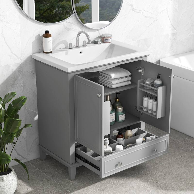 30'' Solid Wood Bathroom Vanity with Multifunctional Cabinet, Drawers, and Ceramic Sink