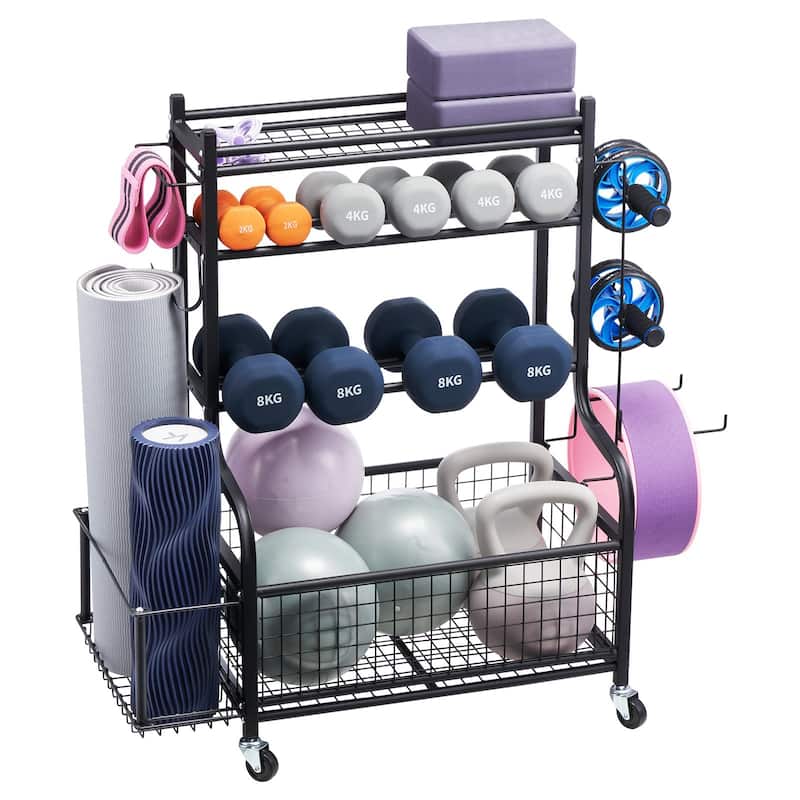 Black Steel Gym Rack with Wheels, Hooks and 4-Tier Storage Shelf - 40.6” L x 16” W x 38” H