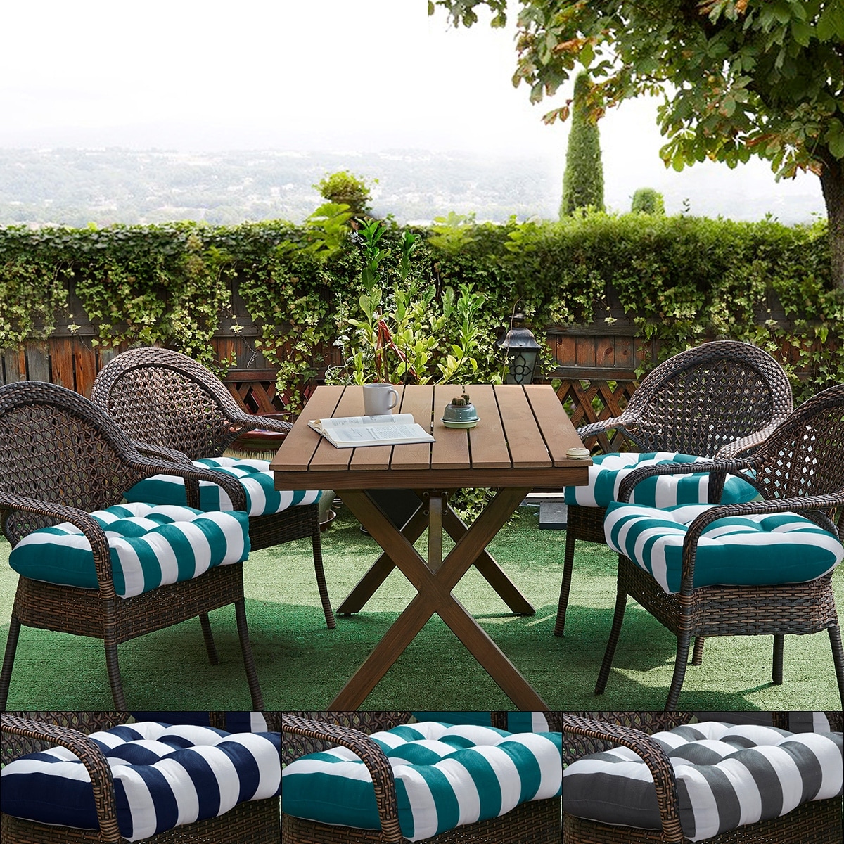 Sweet Home Collection Havana Stripe Patio Cushions Outdoor Chair Pads Thick Fiber Fill Tufted 19" x 19"