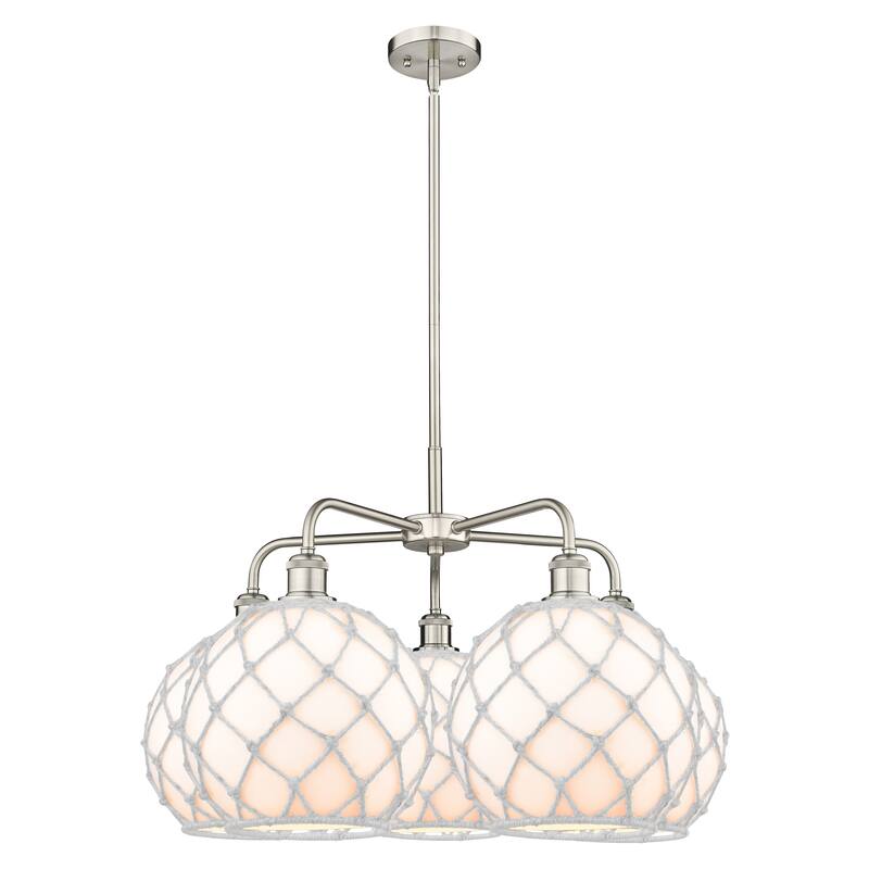 Innovations Lighting Endless Possibilities Ballston - Farmhouse Rope - 5 Light 29" Stem Hung Chandelier - White Glass with White Rope/Satin Nickel