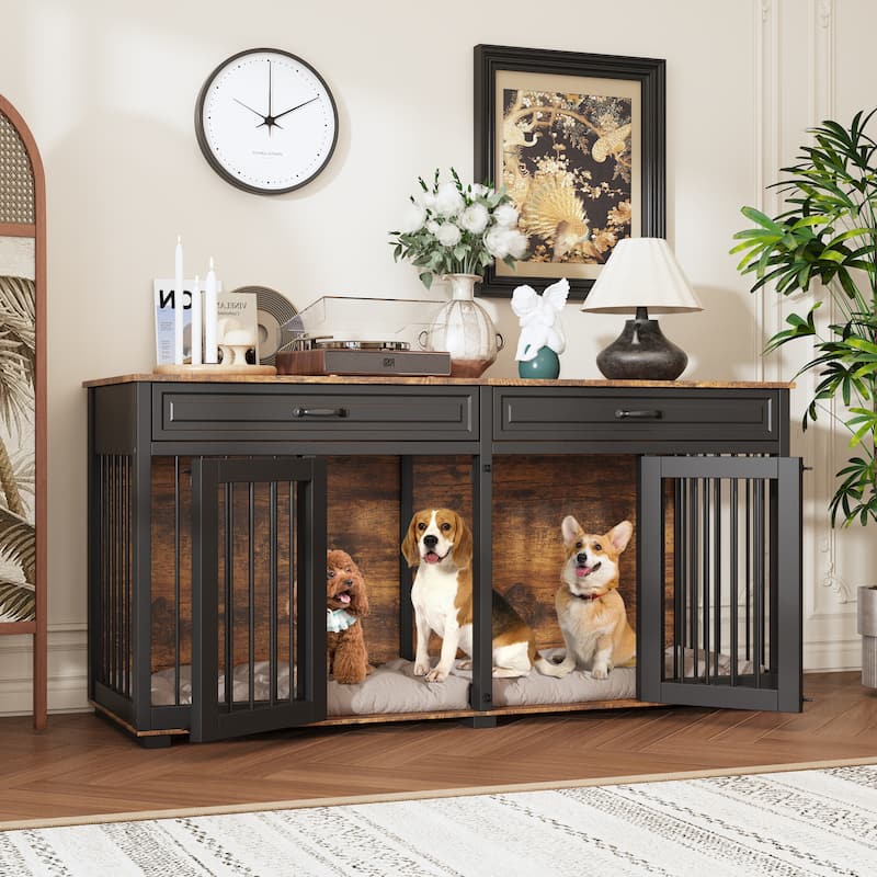 Furniture Style Double Dog Crate with Drawers, 64.6" Wooden Pet Kennel End Table, Removable Divider, Heavy Duty Metal Bars
