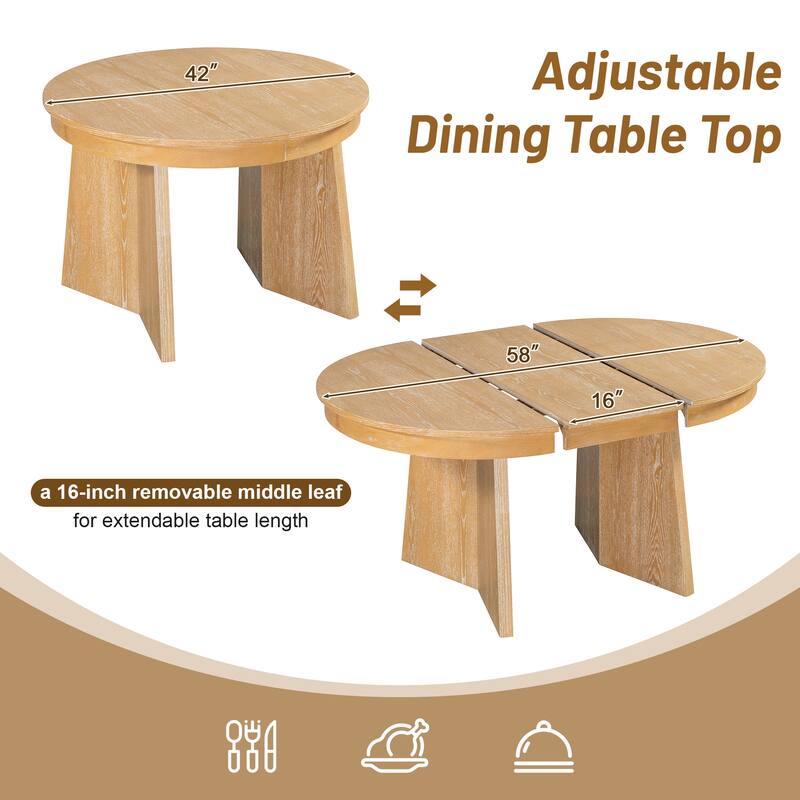 5-Piece Round Dining Table Set for 4, Retro Extendable dining table set with 4 Upholstered Chairs