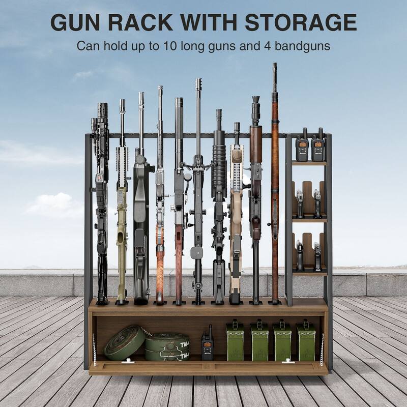 Anmytek Wooden Gun Rack - Floor Standing Display with Pistol Rack, Holds 10 Long Guns & 4 Handguns