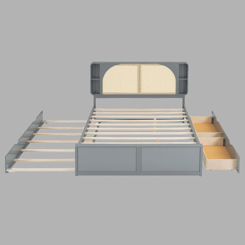 Elegant Queen Rattan Headboard Bed with 2 Drawers, Trundle, and 4 Storage Compartments - Grey - Queen