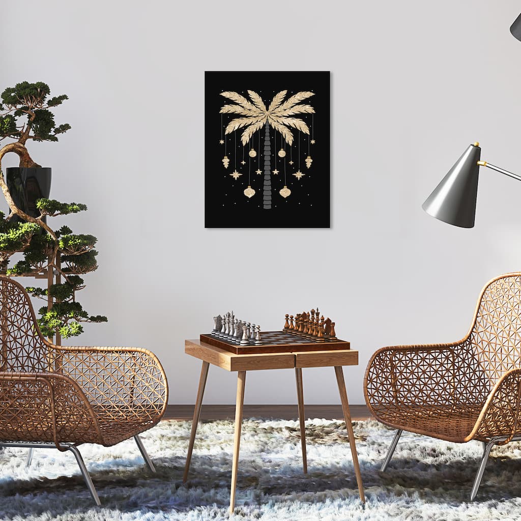 Wynwood Studio Canvas Holiday and Seasonal Golden Palm Tree for the Season Black Glam Wall Art Canvas Print