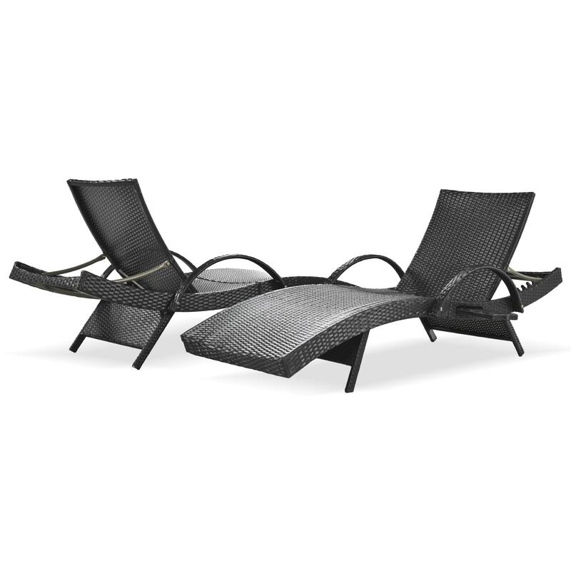 2-piece Outdoor Wicker Chaise Lounge Chairs Set with Pull-out Side Table, Patio Pool Adjustable Reclining Sun Lounger